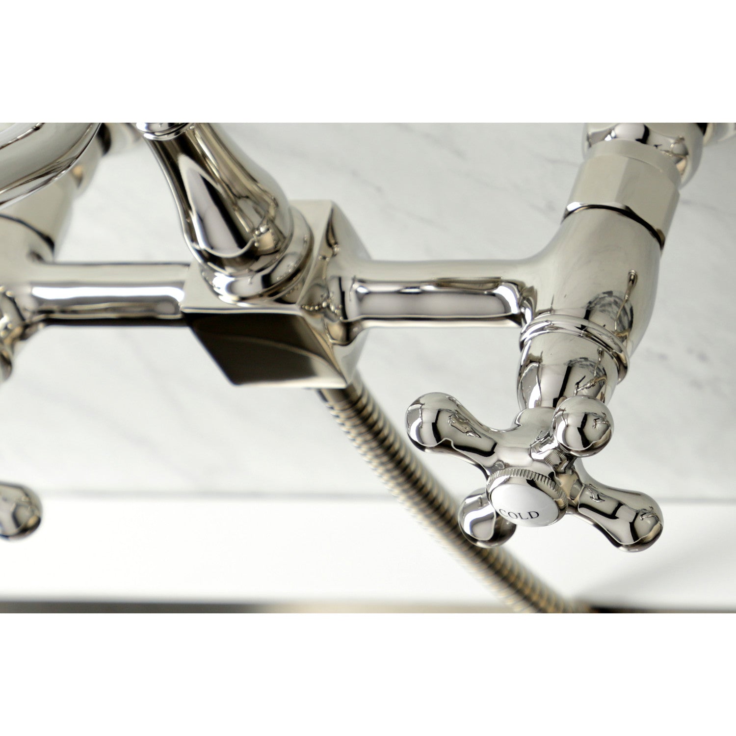 Kingston Heirloom KS1246AXBS - Heritage Two-Handle 3-Hole Wall Mount Bridge Kitchen Faucet with Brass Sprayer, Polished Nickel — thumbnail 2